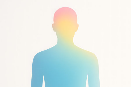 Conceptual image of a human silhouette filled with gradient colors representing harmony between physical, mental, and social well-being.の写真素材