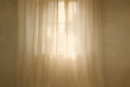 Morning Sunlight Diffused Through Curtains â Calm Atmosphere. Fine-art image of morning light diffused through translucent curtains, representing serenity, mindfulness, and calm.の写真素材