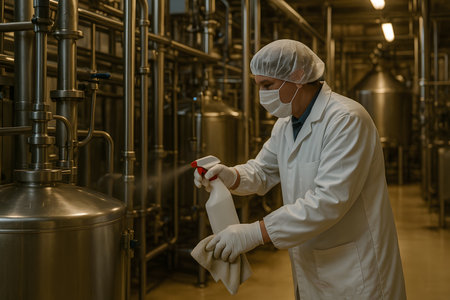 Worker cleaning production equipment in a factory, representing hygiene and prevention of Listeria contamination.の写真素材