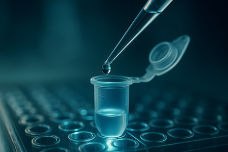 Conceptual close-up of pipette and microtube in molecular laboratory environment, symbolizing DNA-based detection of Listeria and foodborne pathogens.の写真素材