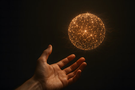 Human hand reaching toward a glowing sphere made of neural and digital particles, symbolizing creativity, intelligence, and connection between humanity and technology.の写真素材