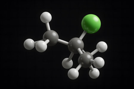 3D rendering of 2-chlorobutane molecular structure showing chlorine atom in green, suitable for chemistry and education use.の写真素材