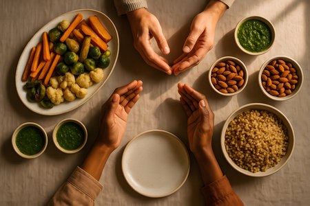 A modern overhead scene of a plant-based Thanksgiving, focused on gratitude and inclusion. Perfect for lifestyle, editorial, wellness and sustainable food stories.の写真素材