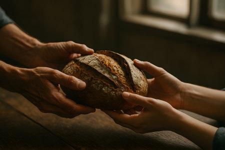 A symbolic editorial image representing generosity and human connection through the act of sharing bread. Perfect for social, emotional, and lifestyle campaigns.の写真素材