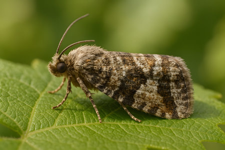 A high-resolution macro image of Lobesia botrana, the European grapevine moth, showing its wing...