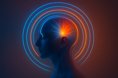 A symbolic artistic representation of migraine pain shown as glowing light rings around the head. Ideal for neurological, health, and mental wellness projects.の写真素材