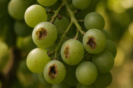 A detailed macro showing early infestation signs of Lobesia botrana on grape clusters. Perfect for viticulture, pest control, and agricultural research.の写真素材