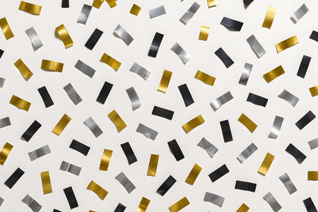 Metallic confetti in a stylish top-view arrangement for New Year visuals.の写真素材