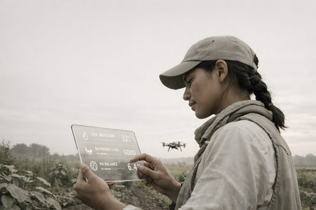 Agricultural worker using a digital transparent tablet to monitor crop data while a drone flies...