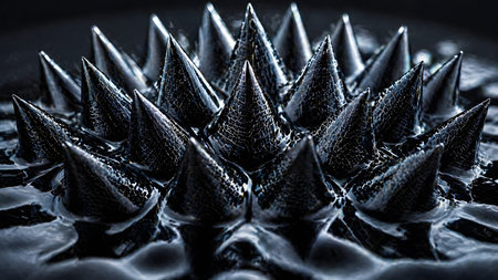 Stunning macro of ferrofluid forming perfect geometric conical spikes under magnetic field influence, with metallic reflective surface and ultra-fine micro-texture