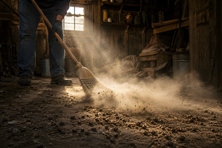 Unsafe Cleaning Of Rodent Infestation Increasing Hantavirus Risk. Public health concept illustrating dangerous dry sweeping of rodent contamination associated with hantavirus expos