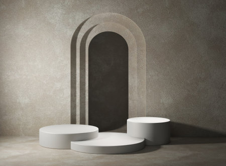 3d render of white podium for product presentation with arch and shadowの写真素材