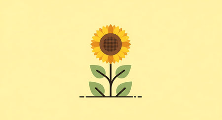 Sunflower icon on yellow background. Flat design. Vector illustration.の素材