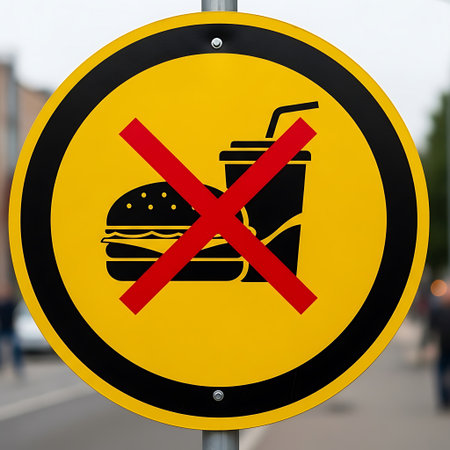 No fast food sign on the street. Conceptual image of a ban on fast food.の素材