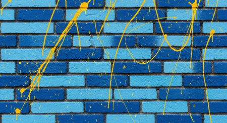 Blue brick wall with yellow paint splashes. Grunge background.の素材