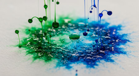 Abstract blue and green ink splashes on white paper. Macro shot.の素材