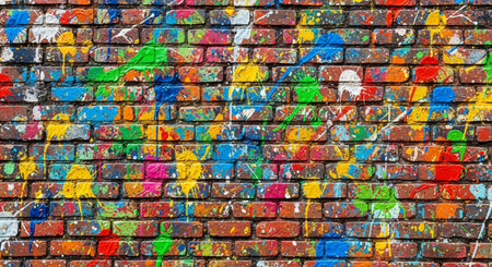 Colorful graffiti on a brick wall. Abstract background for design.の素材