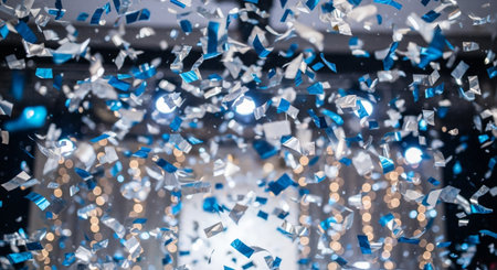 Blue and white confetti flying in the air. Christmas background.の素材