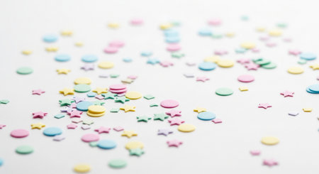 Colorful confetti on a white background. Selective focus.の素材