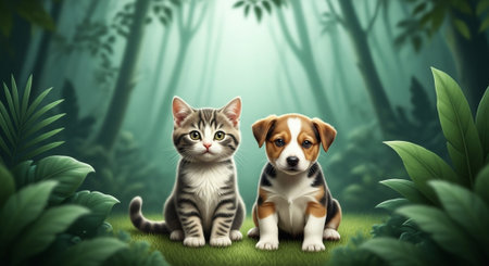 Cute cat and dog sitting in the jungle with a green backgroundの素材
