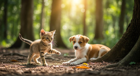 Cute cat and dog playing together in the forest, Pet love conceptの素材