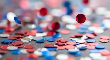 Colorful confetti on black background, shallow depth of field.の素材