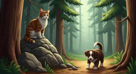 a whimsical illustration featuring a cat and dog in a serene forest setting, artwork styleの素材