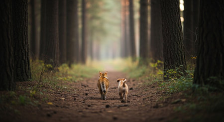 a cat and a dog are walking together on a path in a forest, enjoying the nature and friendshipの素材