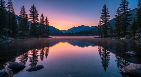 a serene lake reflects the colorful sky at sunrise, surrounded by mountains and trees.の素材