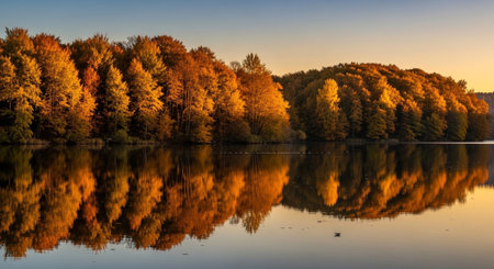 A tranquil lake reflects the golden autumn trees under a clear sky at sunset time.の素材
