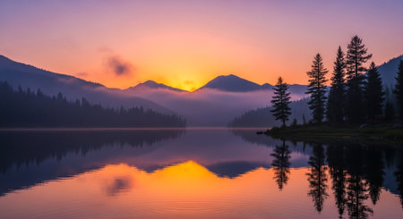 a serene lake reflects the vibrant sunset sky and silhouetted mountains, a tranquil scene.の素材