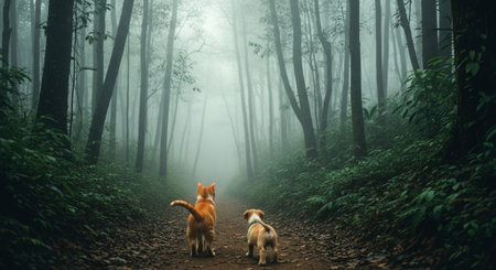 a cat and dog walk together on a path in a foggy forest, exploring nature and friendship.の素材