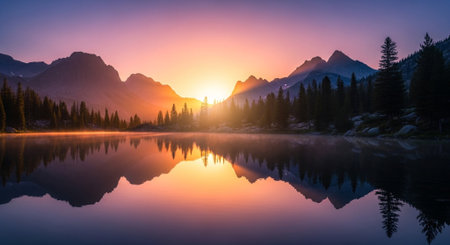 a stunning lake reflects the mountains at sunset, creating a peaceful and scenic vistaの素材