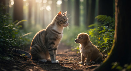 a cat and a puppy are sitting in a forest looking at each other in a beautiful sceneの素材