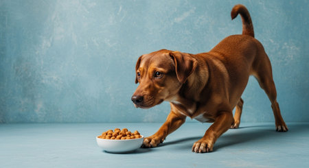 a brown dog is ready to eat dry food from a bowl, looking hungry and excited for dinnerの素材