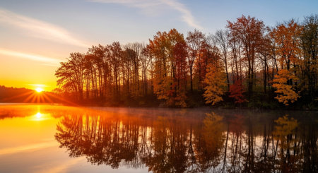 serene autumn lake sunrise with colorful trees reflecting in the calm water surfaceの素材