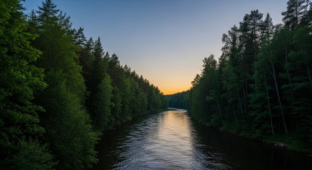 a scenic river flows through a lush green forest as the sun sets on the horizon line.の素材