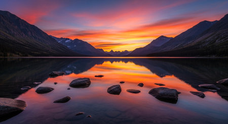 Sunset over the lake in Glacier National Park, Montana, USAの素材