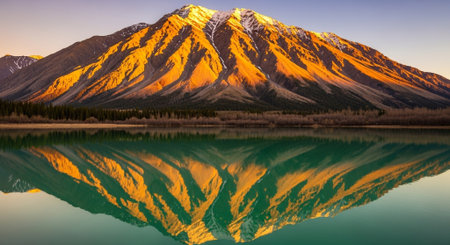 a stunning mountain reflected in a calm lake during golden hour with a clear sky above.の素材