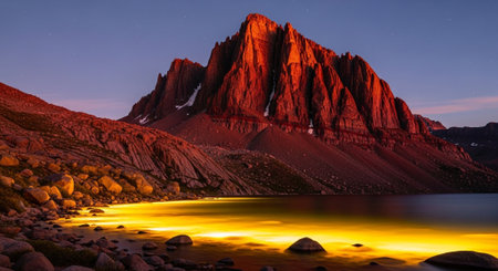 A stunning mountain landscape with a golden lake reflecting the sunset's warm glow above.の素材