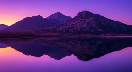 Mountains reflected in the calm water of a lake at sunset.の素材