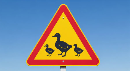 yellow triangle road sign with ducks crossing and blue sky in the backgroundの素材
