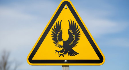 a yellow warning sign with a black eagle in the center against a blue sky backdropの素材