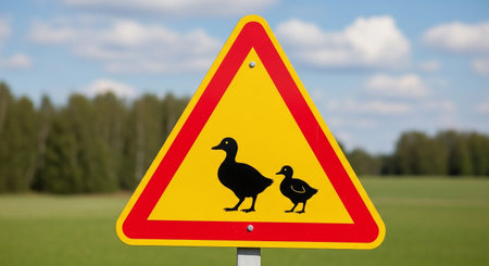 a yellow triangle road sign warns of ducks crossing with a rural background view.の素材