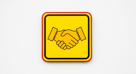 a yellow sign with a handshake icon symbolizing agreement and collaboration deal.の素材