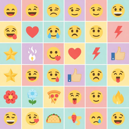 a colorful background pattern of emoji icons, perfect for social media designs.の素材