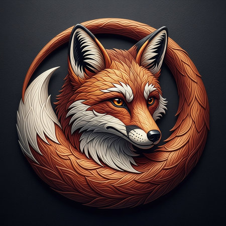 a striking fox illustration with an orange and white tail in a circular design.の素材