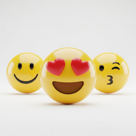 three yellow emoji faces expressing different emotions love kiss and smile iconの素材