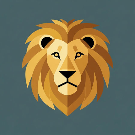 a geometric lion head illustration with a golden mane, set on a gray backgroundの素材