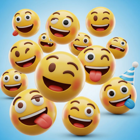 a collection of yellow emoji faces with varied happy and playful expressions shown.の素材